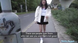 Petite British brunette nearly gets run over, has wild sex