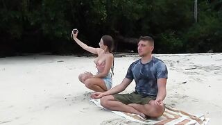 Girl meditates on the beach and gets a deep blowjob from a stranger