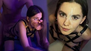 A cute brunette with a harness gets on top of my dick
