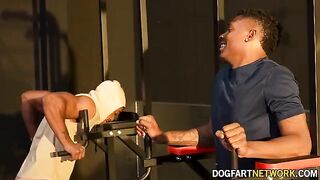Kay Carter gets fucked by two black guys at the gym in front of her husband