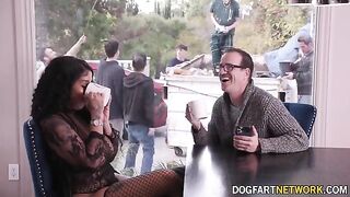 Ebony babe Paris The Muse gets her mouth full with ten big dicks