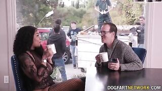 Ebony babe Paris The Muse gets her mouth full with ten big dicks