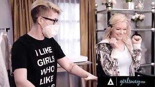 Scissoring with a passionate Asian beauty Ember Snow and her hot blonde friend