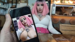 The slut is tired of waiting for an order in the restaurant and she wants to eat something