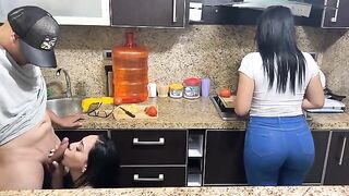 The stepfather forces the beautiful 18-year-old to cook and give him sex