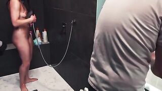 A hand job ended up a disaster in the shower with a brunette