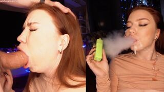 The man covered the girl's face with sperm after a blowjob and smoking