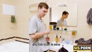 Girl messes with her stepbrother’s toothbrush and ends up getting intimate in the bathroom