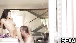 The man fucked his girlfriend on the kitchen table, she moaned intensely