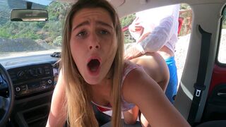 A blonde got fucked hard in the car on public parking, loving every moment