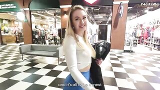 Hot blonde with big ass fucks in the shopping mall toilet for cash