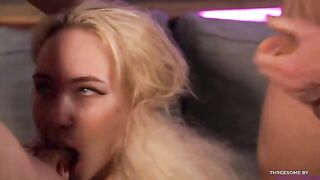 The blonde has her mouth full with two cocks in this hot gangbang scene