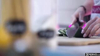 A mistress with a tasty surprise for her lover in the kitchen scene