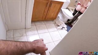 Stepmom undresses after work, getting ready for shower, and stepson watches