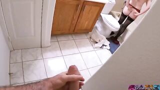 Stepmom undresses after work, getting ready for shower, and stepson watches
