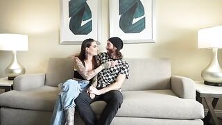 A sexy brunette gives her boyfriend a double blowjob in an intense scene