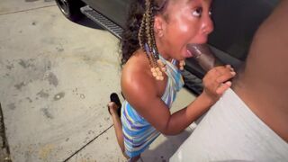 Married lady gives deepthroat blowjob to stranger in the parking lot, just like a slutty dogout