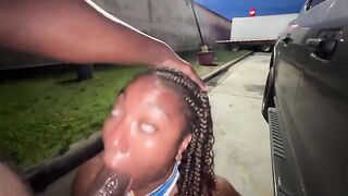 Married lady gives deepthroat blowjob to stranger in the parking lot, just like a slutty dogout