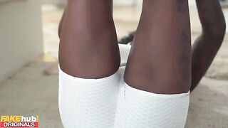 Hot ebony yoga teacher squirts on her client’s cock