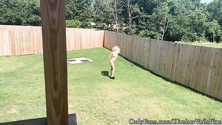 A blonde gets undressed in the backyard and has sex on the porch