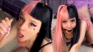 Emo babe with pink hair gets her pussy railed while gagging hard