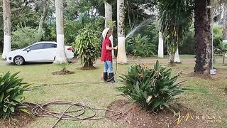 The gardener is having fun with two horny and eager friends