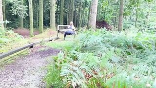 A jogger is having fun in the legs of her leggings while working out
