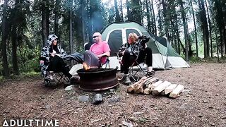 POV of two hot poly wives taking turns with a big dick in the wilderness