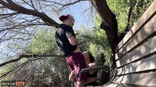 A busty girl almost got caught giving a blowjob by the lake