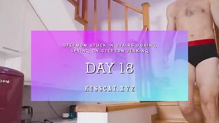 A step mom got stuck on the stairs while her step son jerked off