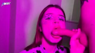 A hot cow girl is licking your cock and drinking milk from it