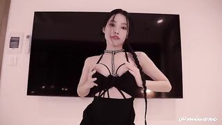 Asian babe in black dress squirts and gets filled with cum