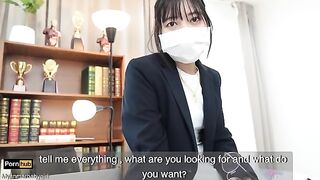 The gardener has sex with the Asian teacher in the classroom