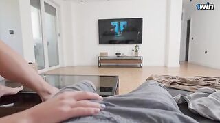 While my parents aren’t home, my stepsister is servicing my huge cock