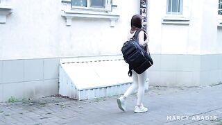 A cute girl is fucking with a stranger in a fake hostel setting