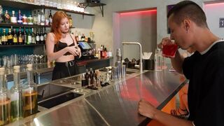 The customer went down on the hot bartender's lingerie