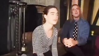 Hairy girl with small tits feeds her man in an intense scene