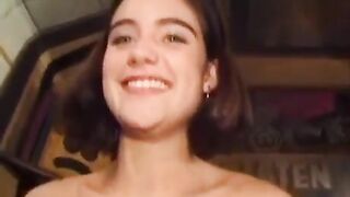 Hairy girl with small tits feeds her man in an intense scene