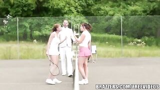 A girl is fucking with her sex friend on the tennis court