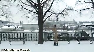 A sexy student bares her boobs and ass on the city streets in a daring stunt