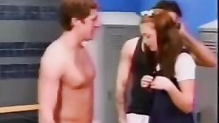 A cute schoolgirl entered the male locker room by chance and was seen
