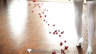 A young brunette has sex directly on the bed with her lover