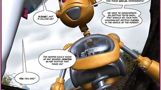 A comic book with porn featuring a robot working in an office is animated