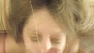 A blowjob and a cumshot on the face of a beautiful blonde girl