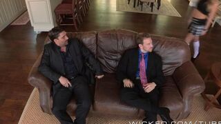Two guys fucked a hairy blonde in two pairs of trunks