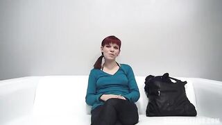 Redhead 18 years old agreed to show her tits and make a blowjob at casting