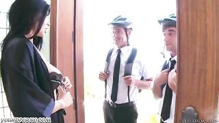 A woman with stunning features was fucked by two Jehovah's witnesses