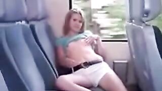 On the bus, in the back seat, a girl started to masturbate and iron her pussy through her panties