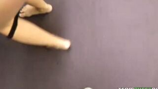 Blonde with beautiful breasts plays with a big dick and makes a sweet blowjob