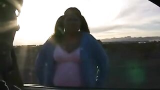 The fat woman spreads her legs and a man puts his dick in there
